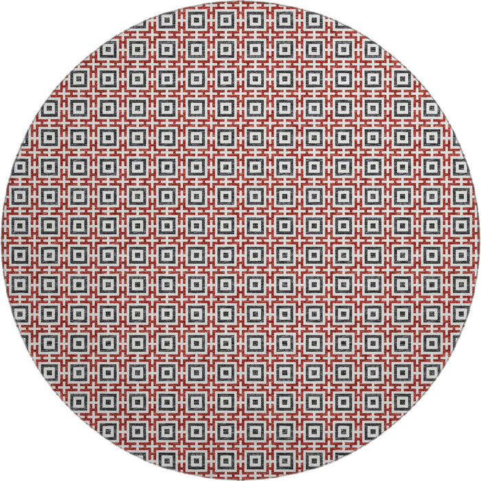 8' Geometric Washable Round Rug With UV Protection - Red