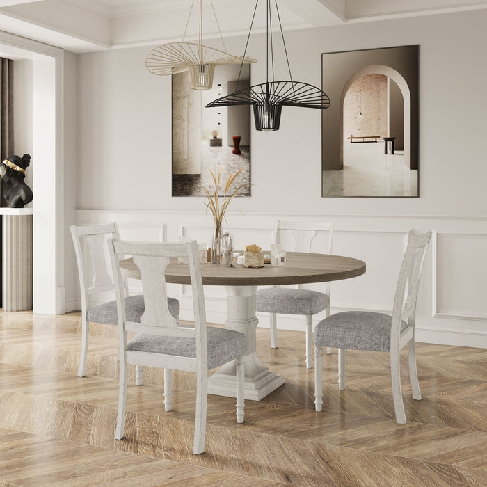 Giga Tannen round 5-piece dining table set with white and gray finish, includes four chairs and a central table for dining room.