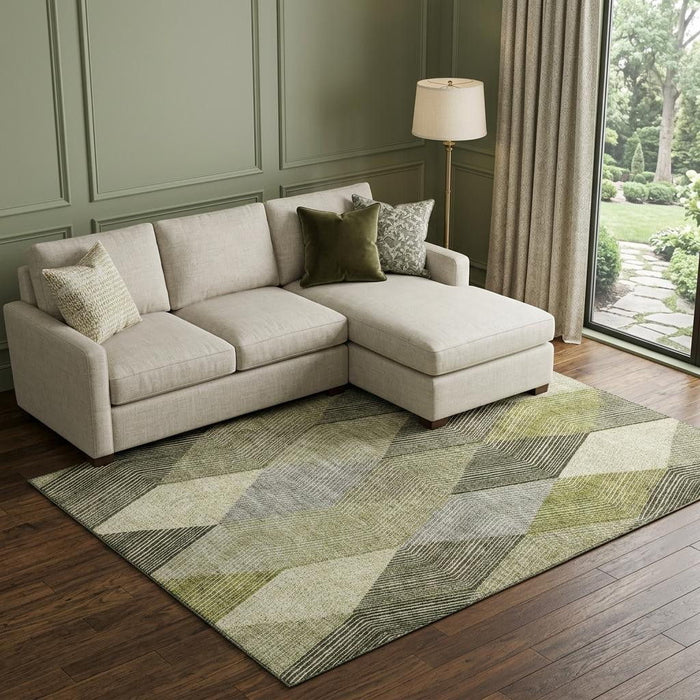 10' X 14' Geometric Washable Area Rug With UV Protection (676206) - Olive Green / Gray / Ivory