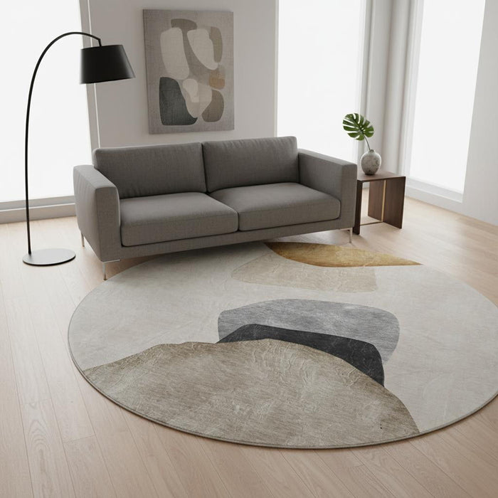8' Abstract Washable Round Rug With UV Protection (648469) - Brown / Gray