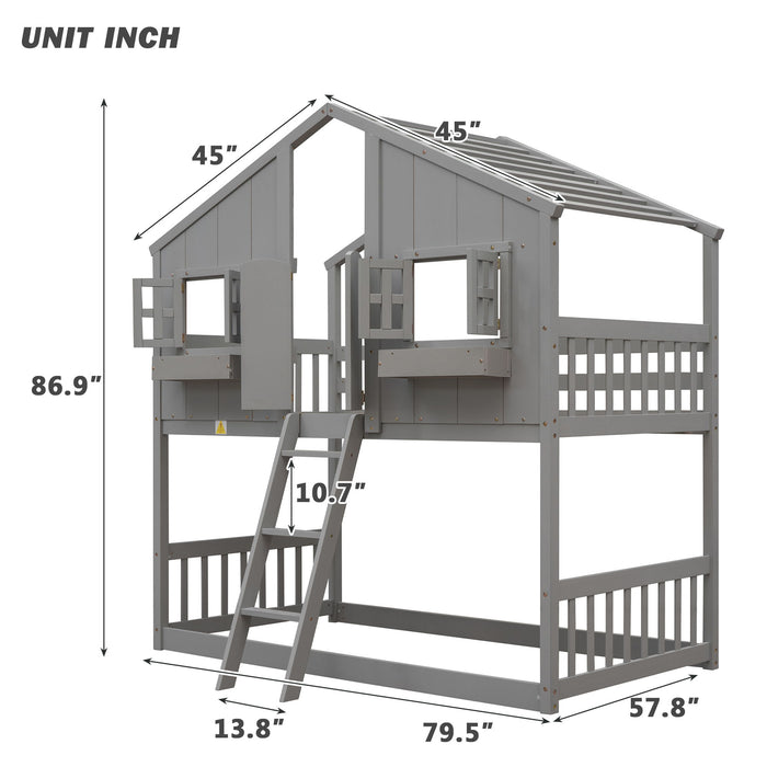 Giga house bunk bed with roof, window, window box, door, safety guardrails, and ladder for kids' bedroom.