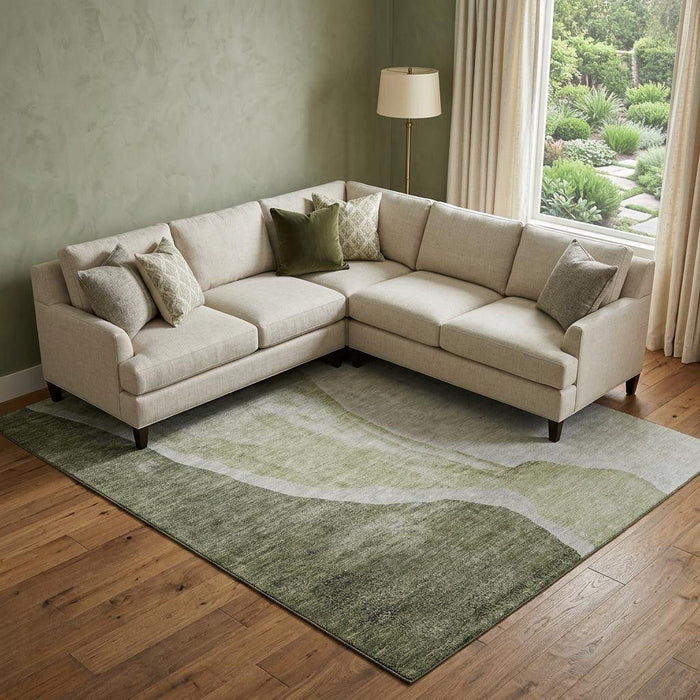 10' X 14' Abstract Washable Area Rug With UV Protection (655331) - Olive Green / Ivory