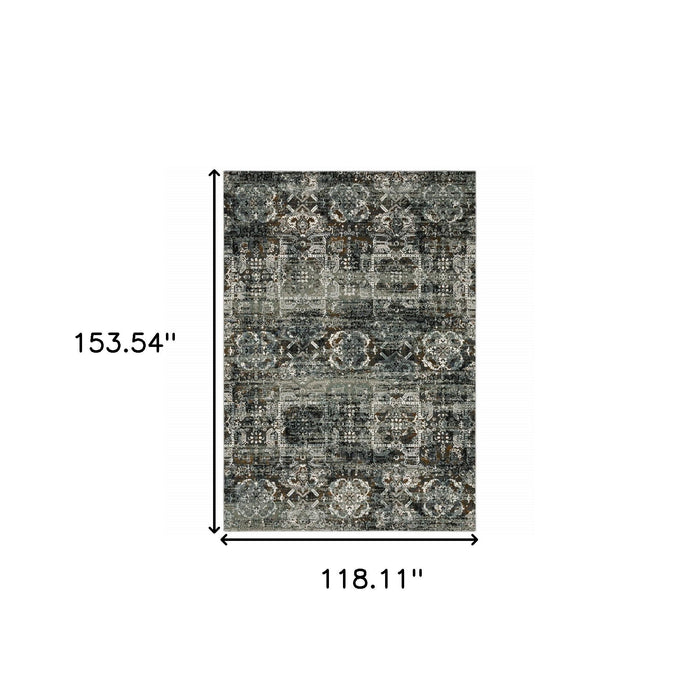 10' x 13' Oriental Power Loom Stain Resistant Area Rug - Ivory Charcoal Gray Blue Rust Gold And Brown