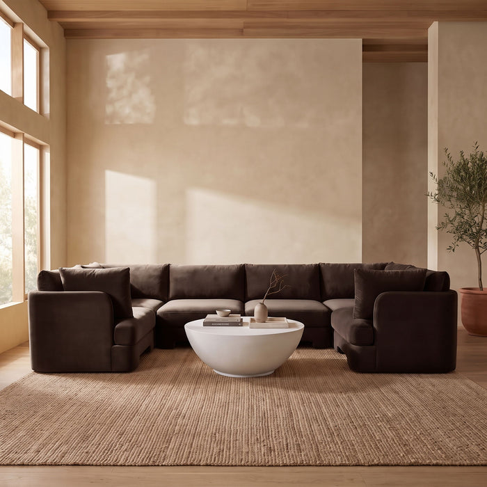 Meridian Furniture Hammond velvet upholstered 6-piece U-shaped sectional with plush cushions and sleek design for living room comfort.