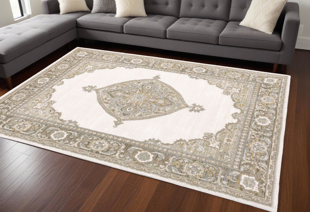 9' x 12' Oriental Power Loom Area Rug - Beige And Ivory
