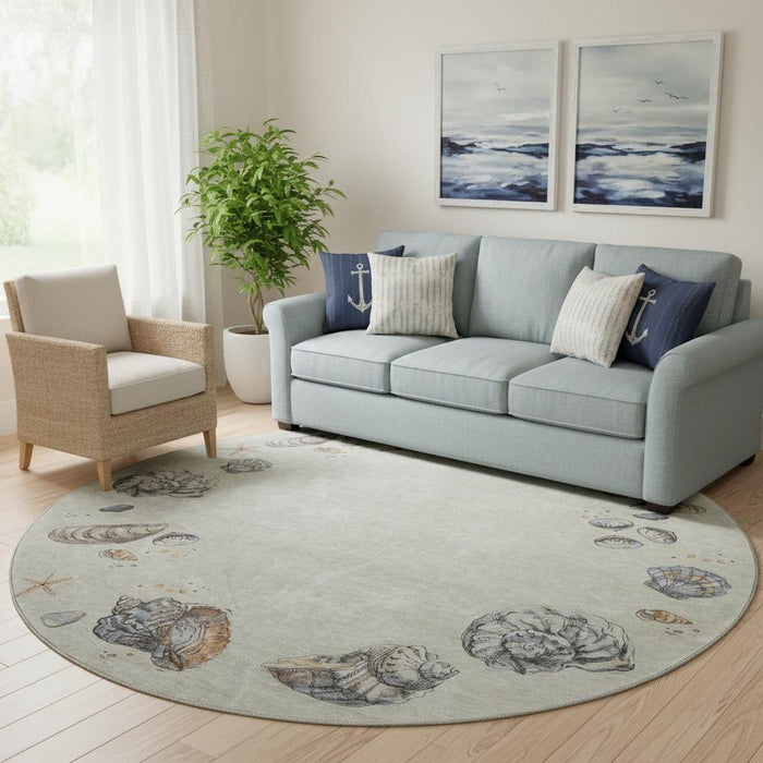 8' Geometric Washable Round Rug With UV Protection (646052) - Linen / Ivory / Beige