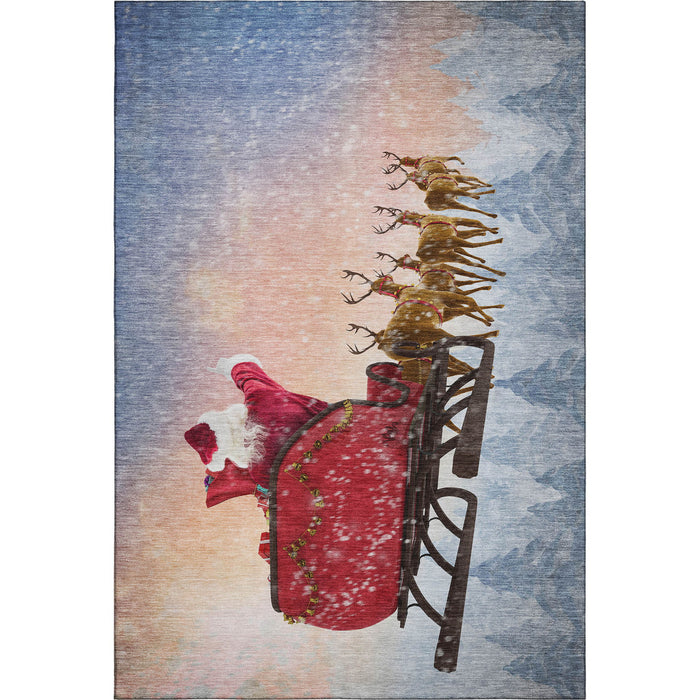 9' X 12' Christmas Santa Claus Distressed Washable Area Rug With UV Protection (646408) - Blue / Red / Brown