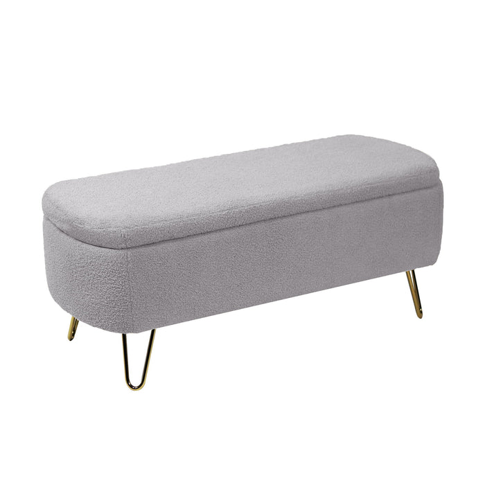 Giga storage ottoman bench with modern camel faux fur upholstery, padded seat, and built-in storage for bedroom or living room.