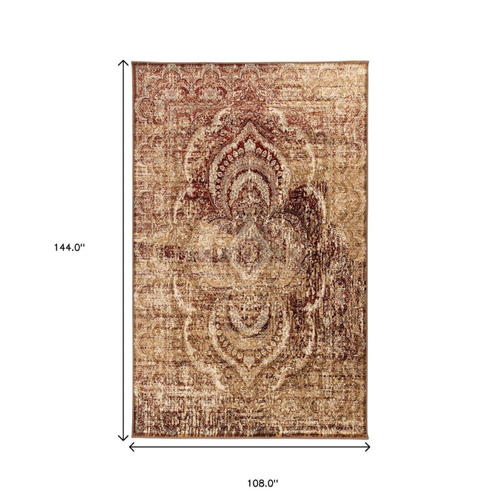 9' x 12' Abstract Power Loom Distressed Stain Resistant Area Rug - Maroon And Gold