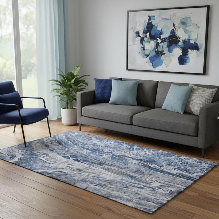 5' X 8' Abstract Washable Area Rug With UV Protection (650928) - Blue / Gray / Ivory