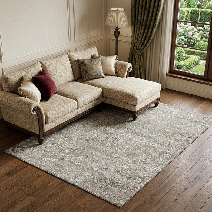 10' X 14' Floral Medallion Distressed Washable Area Rug With UV Protection (644210) - Stone / Coffee