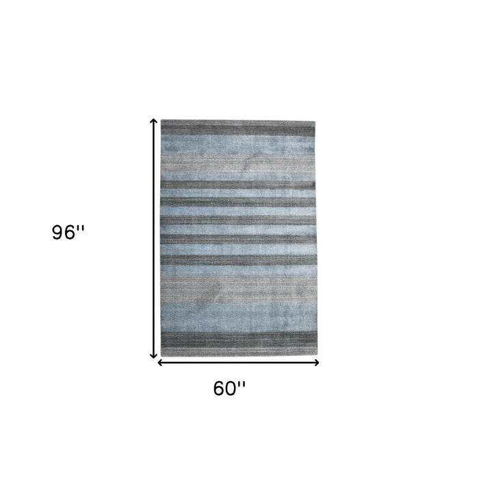5' X 8' Wool Striped Hand Woven Area Rug - Gray And Light