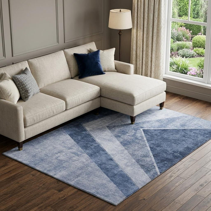 10' X 14' Geometric Washable Area Rug With UV Protection (655561) - Blue / Ivory