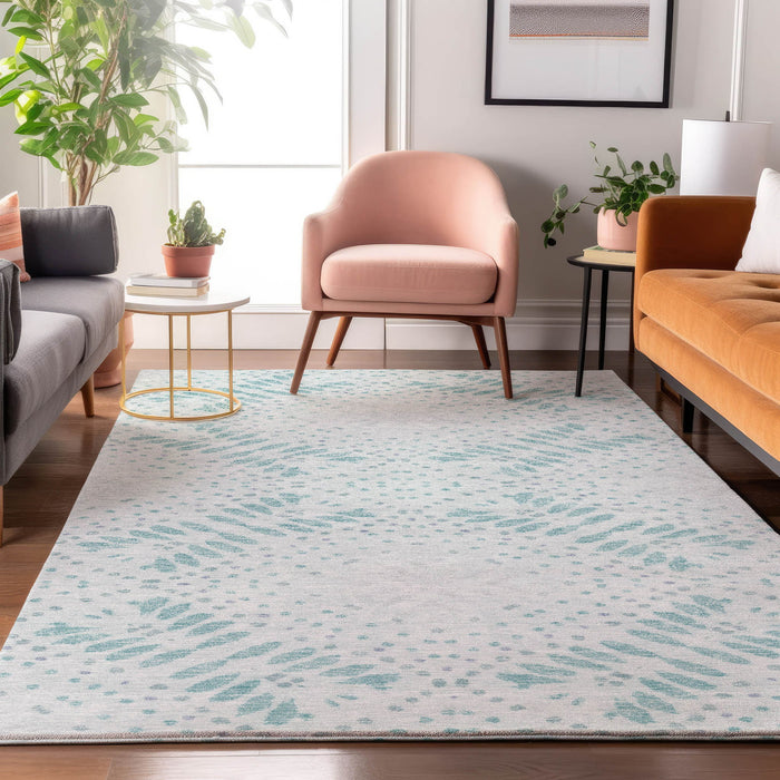 8' X 10' Floral Washable Area Rug With UV Protection - Teal / Ivory