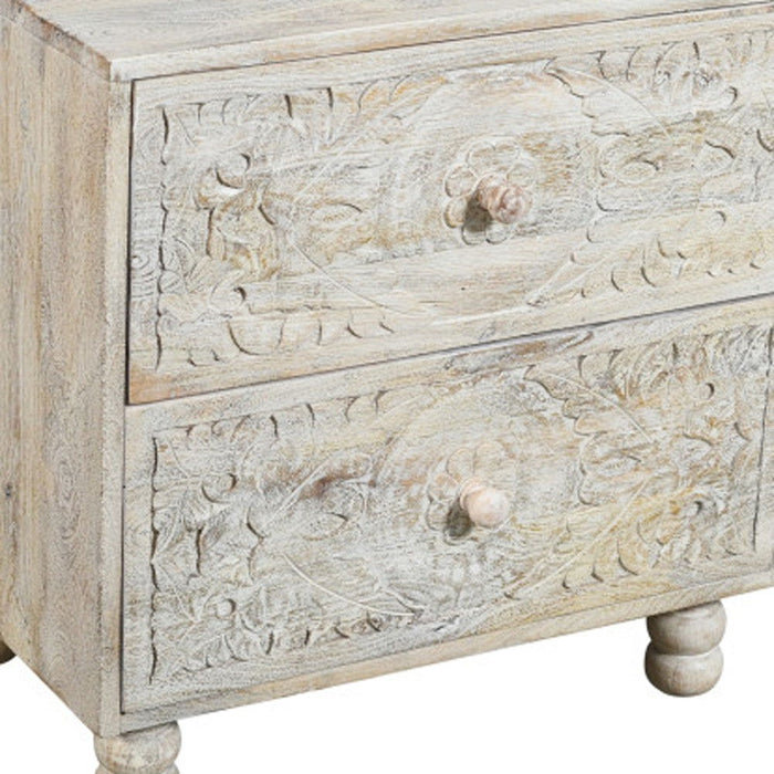 24" Solid Wood Distressed Carved Scrollwork Two Drawer Nightstand - Natural And White