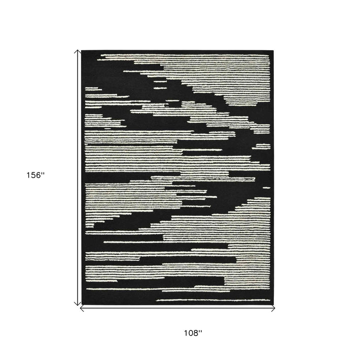 9' X 13' Wool Abstract Hand Hooked Area Rug - Black And Ivory