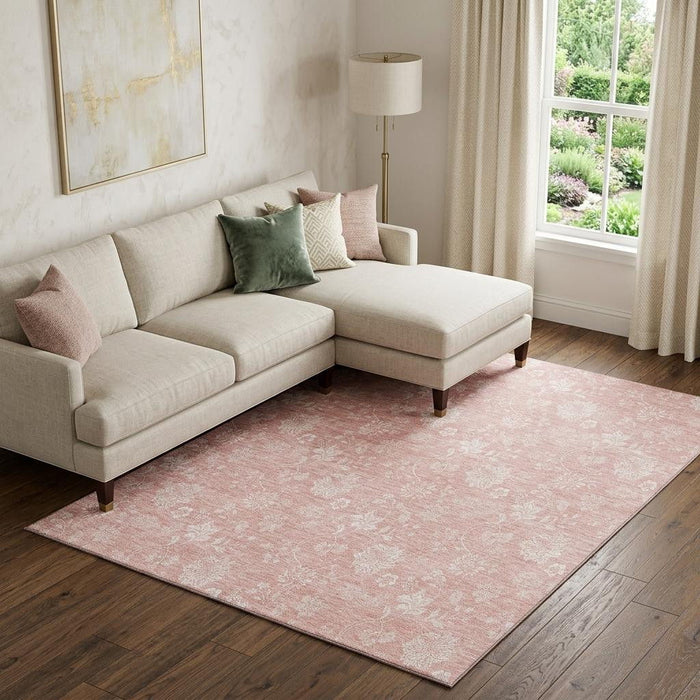 10' X 14' Floral Washable Area Rug With UV Protection (656004) - Pink / Ivory