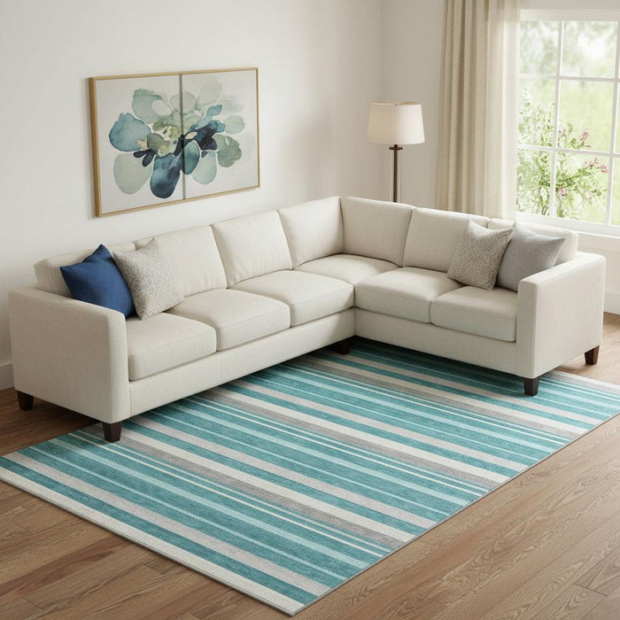 10' X 14' Striped Washable Area Rug With UV Protection (669931) - Teal / Ivory / Gray