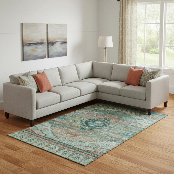 10' X 14' Oriental Washable Area Rug With UV Protection (701051) - Teal / Copper / Gold