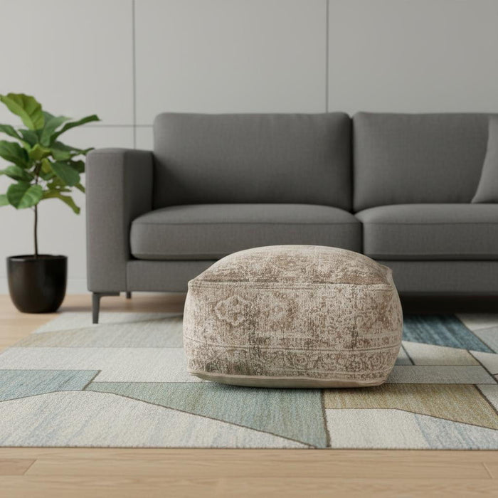 Chenille Damask Pouf Ottoman - Beige / Taupe