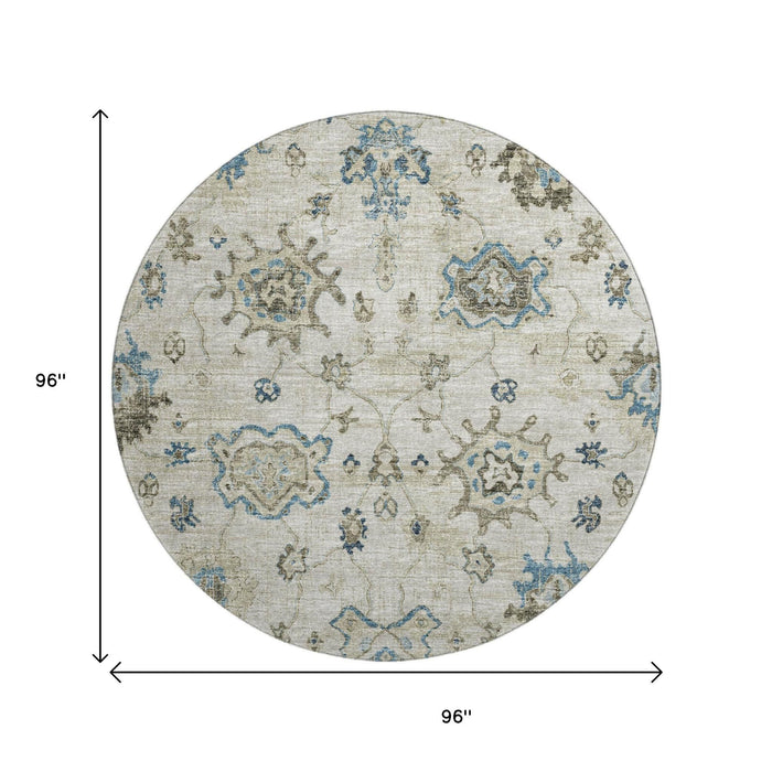 8' Floral Medallion Distressed Washable Round Rug With UV Protection (644607) - Blue / Ivory / Gray
