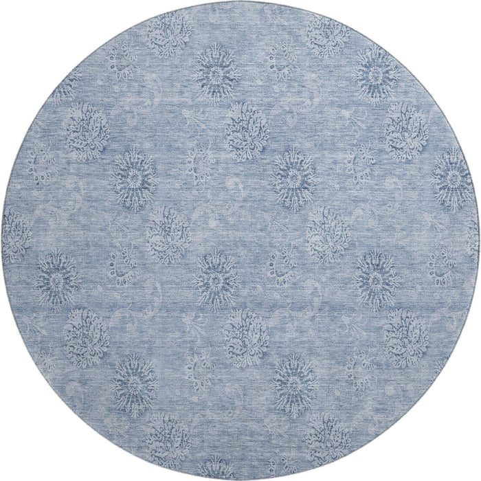 8' Floral Washable Round Rug With UV Protection - Sky Blue And Ivory