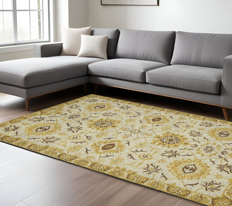 9' X 13' Wool Floral Medallion Hand Hooked Area Rug - Gold
