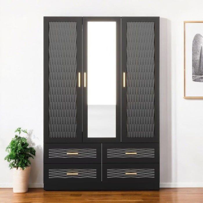 71" Carved Geometric Mirro Three Door Four Drawer Combo Dresser - Black