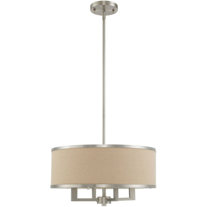 Four-light metal chandelier with shades in nickel and ash gray, featuring a modern design and dimmable lighting from HomeRoots.