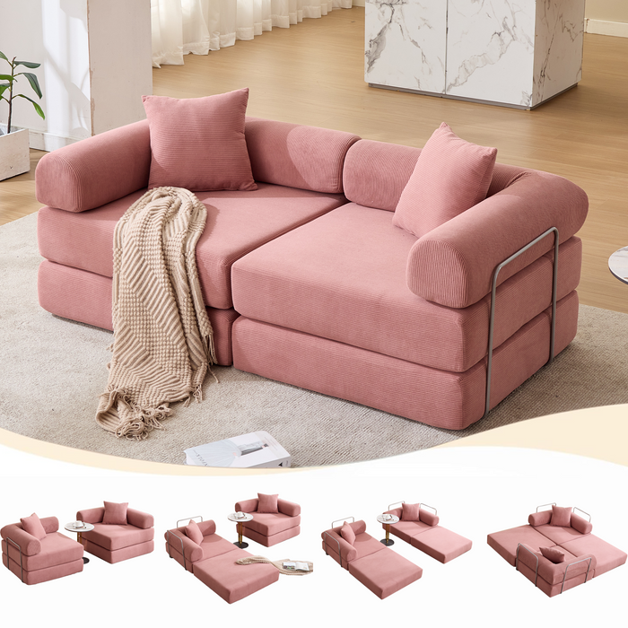 [NEW ARRIVED] [VIDEO PROVIDED]Modular Couch Sofa Bed for Apartment,Convertible Sofa Bed,Fixed-Shape Frame & Removable Armrests,Folding Mattress Couch for Small Spaces ,No Assembly ,Corduroy,Pink