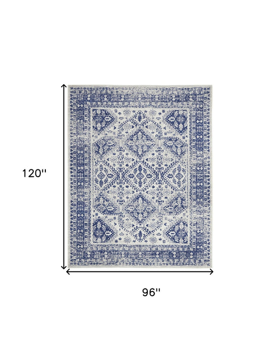 8' X 10' Geometric Distressed Area Rug (551042) - Ivory / Blue
