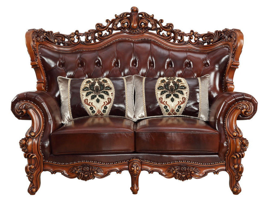 69" Top Grain Leather Curved Loveseat And Toss Pillows - Brown And Walnut