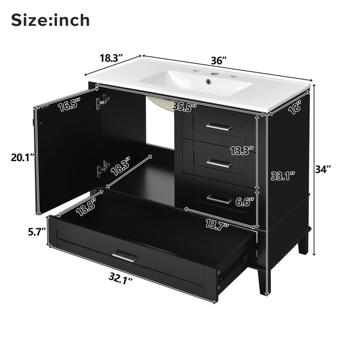 Modern Giga bathroom vanity with sink, solid wood frame, soft-closing door, and three drawers for stylish bathroom storage.