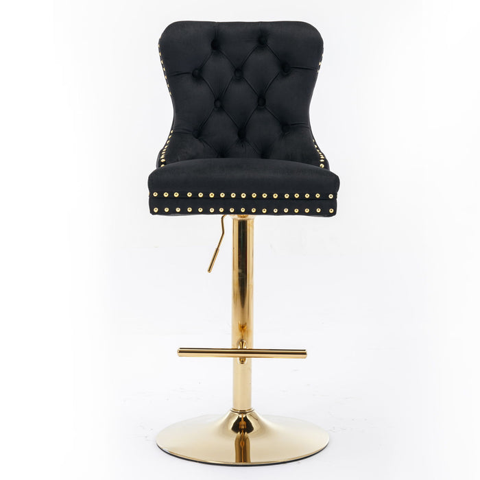 Set of two Giga modern upholstered swivel barstools with tufted backs, adjustable height 25-33 inches, ideal for kitchen island and pub.