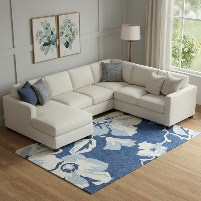 10' X 14' Floral Washable Area Rug With UV Protection (667999) - Navy Blue / Ivory