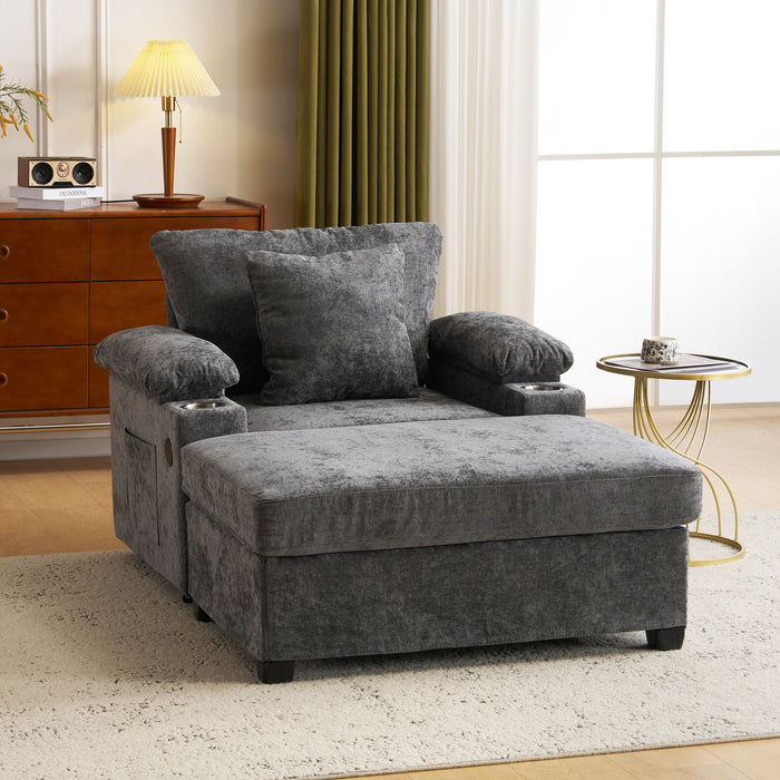 Giga modern oversized stationary chair with matching ottoman, built-in cupholders, and USB charging ports for comfort and convenience.