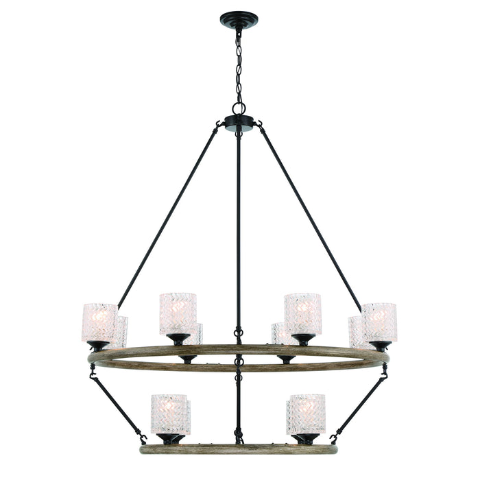 Black metal chandelier with twelve candle-style lights, dimmable with shades, by HomeRoots, featuring a modern chandelier design.