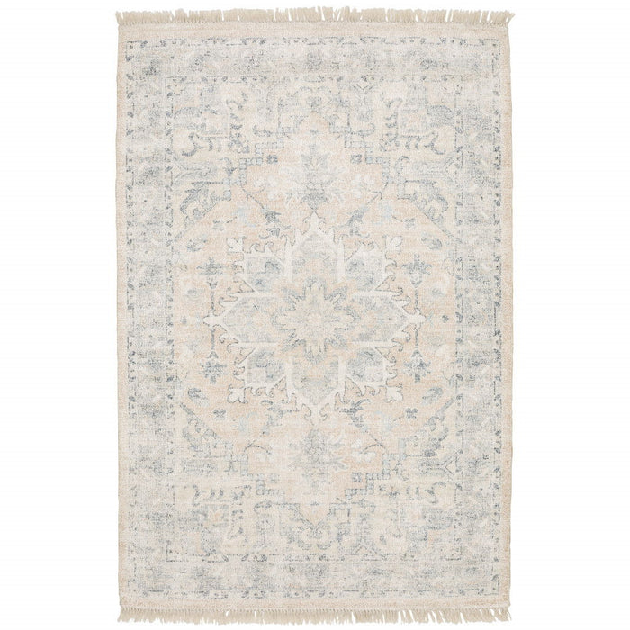 8' x 10' Oriental Hand Loomed Stain Resistant Area Rug With Fringe - Grey And Beige