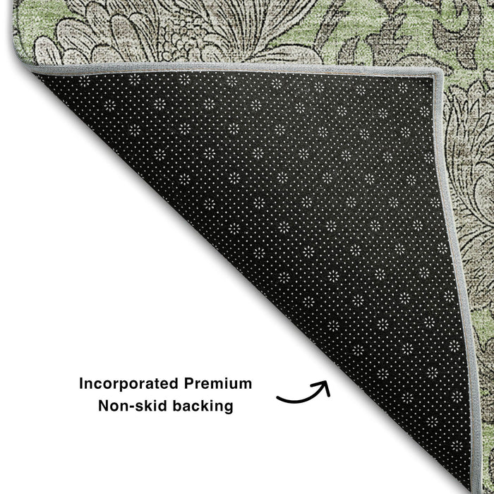10' X 14' Floral Washable Area Rug With UV Protection (655770) - Artichoke Green / Gray