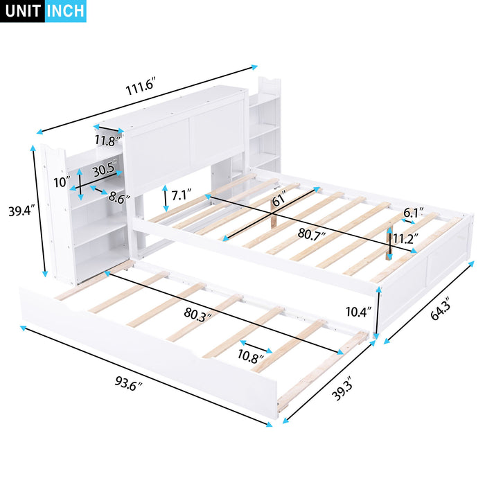 Storage Platform Bed With Pull Out Shelves And Trundle