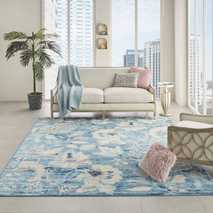 9' X 12' Floral Distressed Area Rug - Turquoise