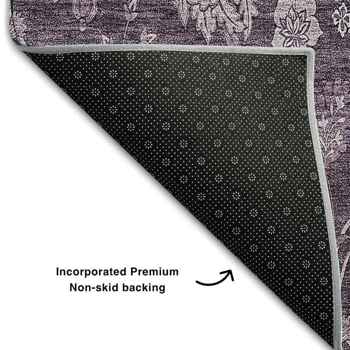 10' X 14' Floral Washable Area Rug With UV Protection (655938) - Plum / Ivory