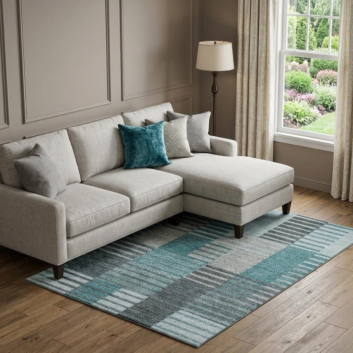 10' X 14' Striped Washable Area Rug With UV Protection (656274) - Teal / Ivory / Gray