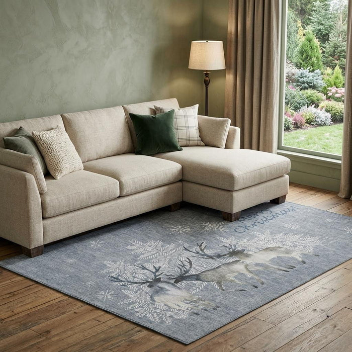 10' X 14' Christmas Deer Washable Area Rug With UV Protection (646415) - Blue / Gray / Ivory