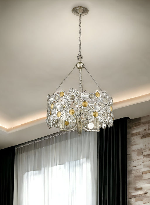 Three Light Metal And Crystals Dimmable Chandelier With Shades - Silver