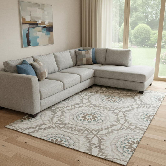 10' X 14' Geometric Washable Area Rug With UV Protection (652191) - Beige / Teal / Brown