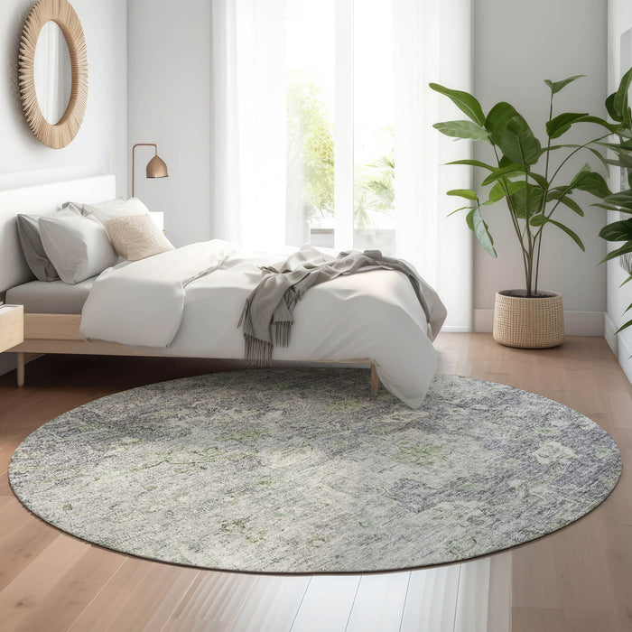 8' Floral Washable Round Rug With UV Protection - Plum And Purple