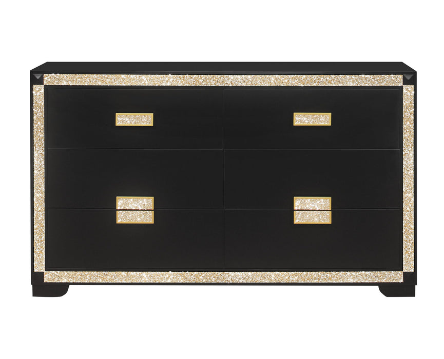 62" Faux Crystal Bling Wood Six Drawer Double Dresser - Black And Gold