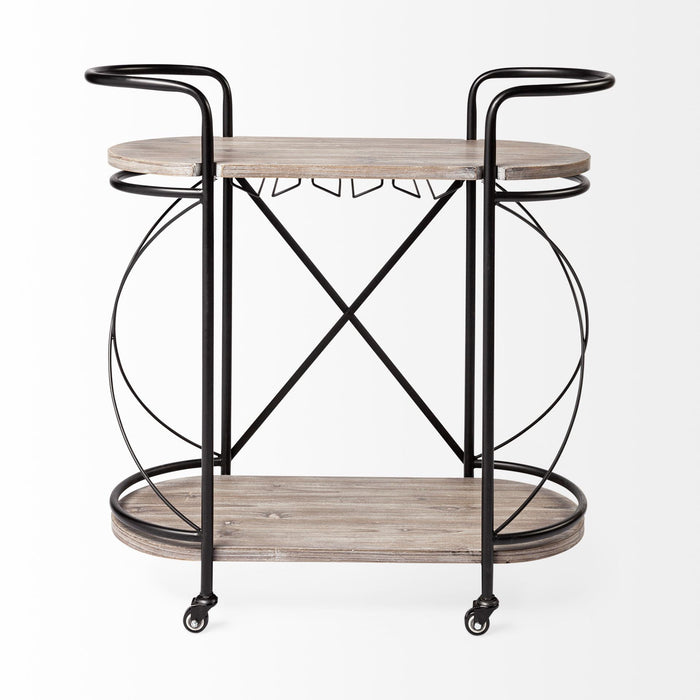 Solid Wood Steel Round Rolling Kitchen Cart With Storage - Black