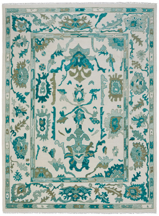 9' X 13' Wool Floral Hand Knotted Area Rug With Fringe - Green And Ivory